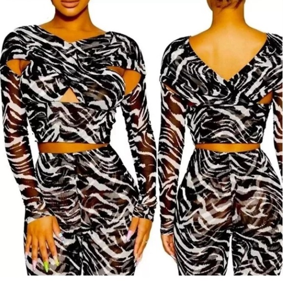 naked wardrobe Pants - naked wardrobe Black White Zebra Print Mesh Leggings Jumpsuit Set